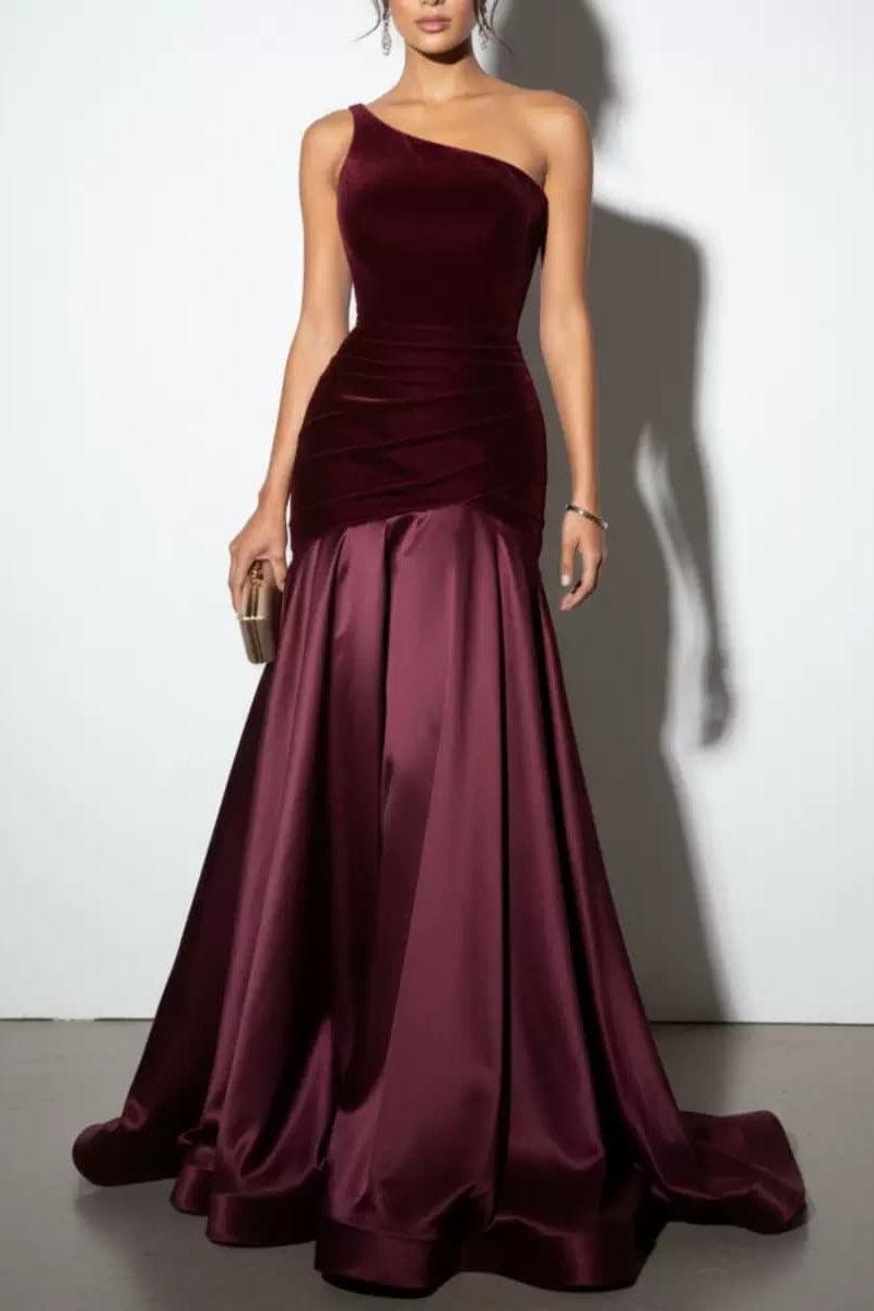 Trumpet-Mermaid Sweep-Brush Train Velvet Satin Wedding Guest Dress CG0332 - Plum - COCOMELODY